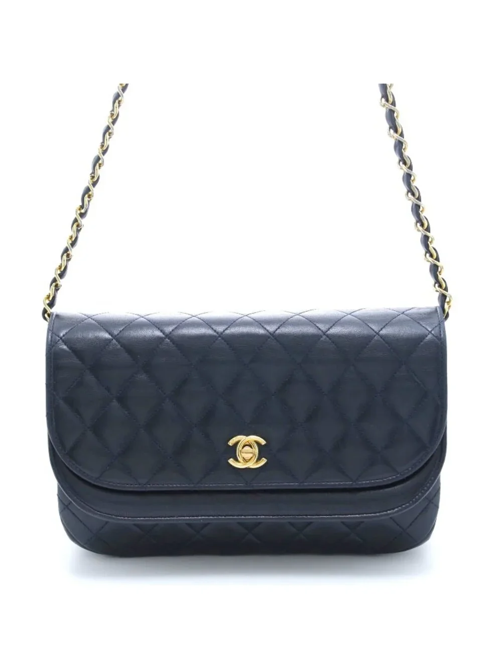Chanel Quilted Half Moon Double Flap Chain Shoulder Navy Bag Lambskin